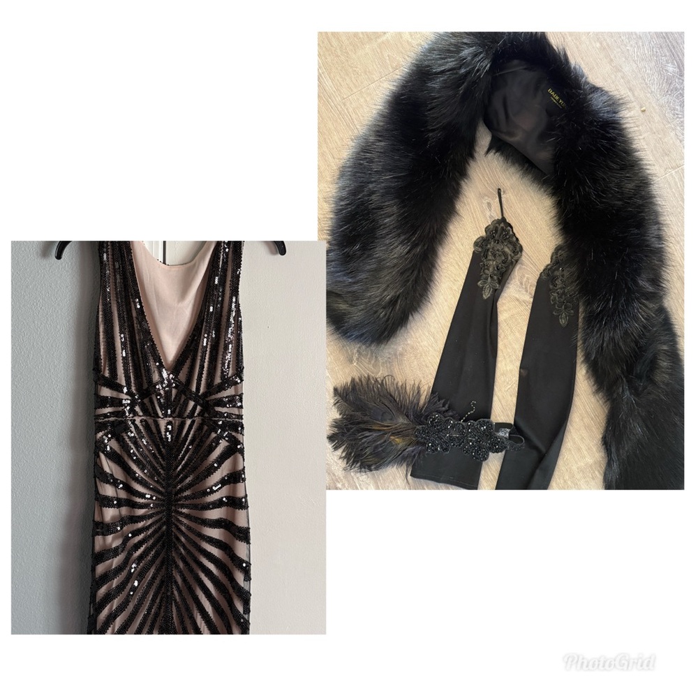 Babeyond 1920s Style Sequin Gown Black Nude XS with all accessories